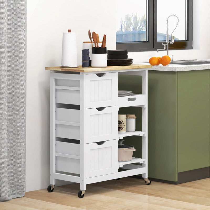 Rolling Kitchen Island Cart, Bar Serving Cart, Compact Trolley On Wheels With Wood Top, Shelves & Drawers For Home Dining Area