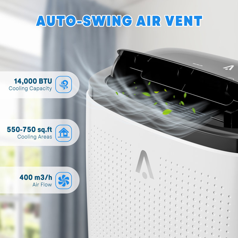 Climatiseur portatif ultra-silencieux 14 000 BTU 3-en-1, refroidissement, déshumidificateur et ventilateur, télécommande, mode veille, minuterie 24H et ensemble de fenêtre pour les pièces jusqu'à 700 pieds carrés (noir)