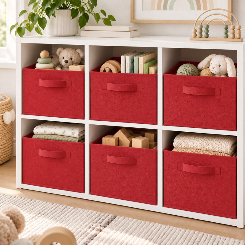 Set of 6 Collapsible Fabric Cube Boxes 27cm Foldable Bins for Toys, Red