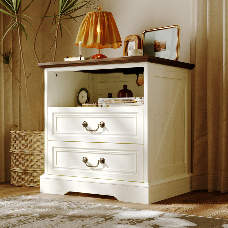 Elegent Nightstand With Built-In Outlet, Beige