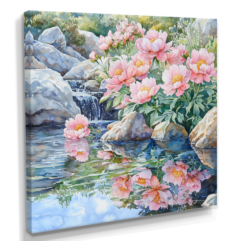 Pivoines près du ruisseau de montagne II - pivoines, art mural, Toile tendue, Ne s’applique pas, H 30 po x l 30 po