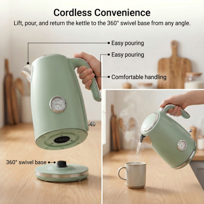Bouilloire électrique à chauffage rapide, chaudière à eau chaude avec thermomètre en acier inoxydable de 1,7 L avec indicateur DEL sans fil de 1500 W, arrêt automatique et protection contre l'ébullition à sec, facile à nettoyer