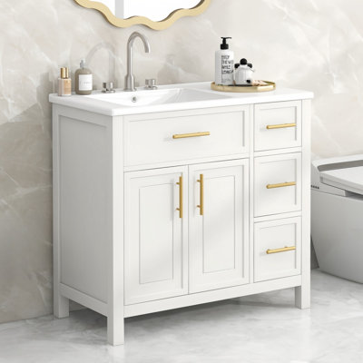Meuble-lavabo 36 po avec comptoir d'évier, meuble-lavabo avec deux portes et trois tiroirs, bois massif, planches en MDF