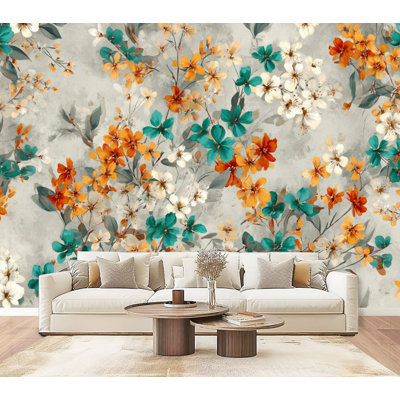vintage Peel and Stick Wallpaper Colorful Floral Vintage Orange Flower Leaf Bathroom Bedroom Beige Wall Murals 69"H x 96"W Removable PVC Wall Paper Self-Adhesive Wall Decor for Bedroom Living Room Home Office
