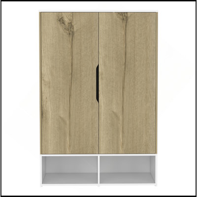 Armoire, armoires à deux portes, cinq tablettes, tringle, deux tablettes ouvertes, chêne clair / blanc