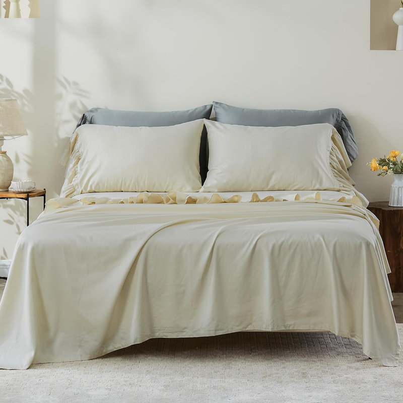 100% Cotton Sheet Set Ruffle Bed Sheets Soft French Country Vintage Bedding Set Aesthetic Farmhouse, Beige