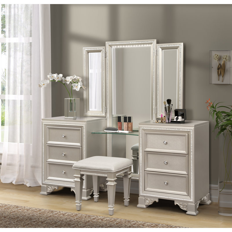 Ensemble de meuble-lavabo en bois massif avec tabouret et miroir Tiffany