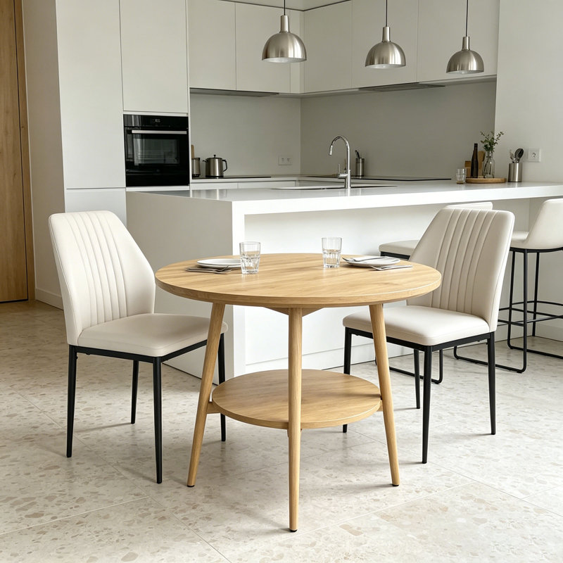 Table de salle à manger compacte ronde pour petit déjeuner, table de salle à manger de style Mid-Century avec 2 chaises rembourrées en polyuréthane