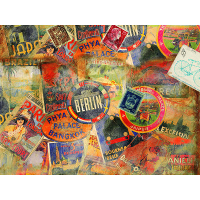 Voyage sur fond de collage - reproduction sur toile tendue