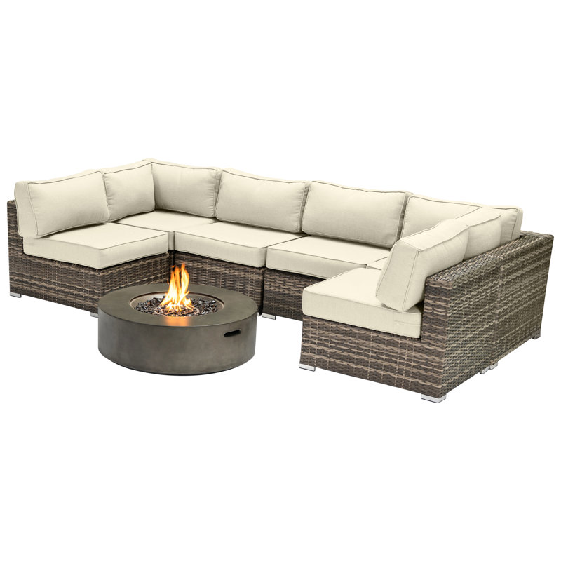 Lsi Fully Assembled 7 Peice Sectional Seating Group With Sunbrella Cushions And Fire Pit, Sunbrella Canvas