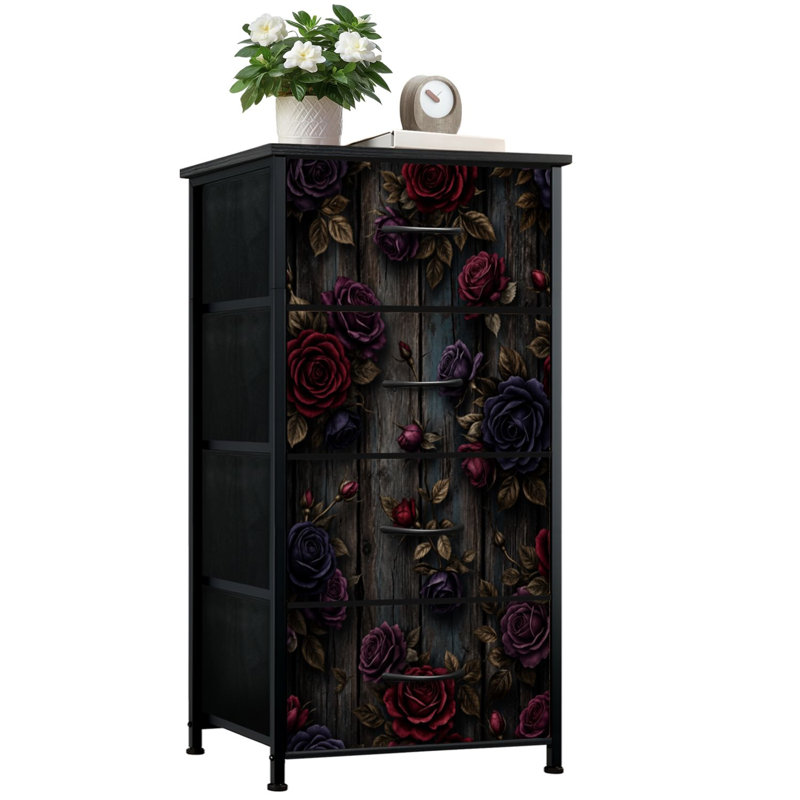 Commode pour la chambre à coucher avec 4 tiroirs de rangement Commode de chambre en tissu à cadre en acier rouge foncé