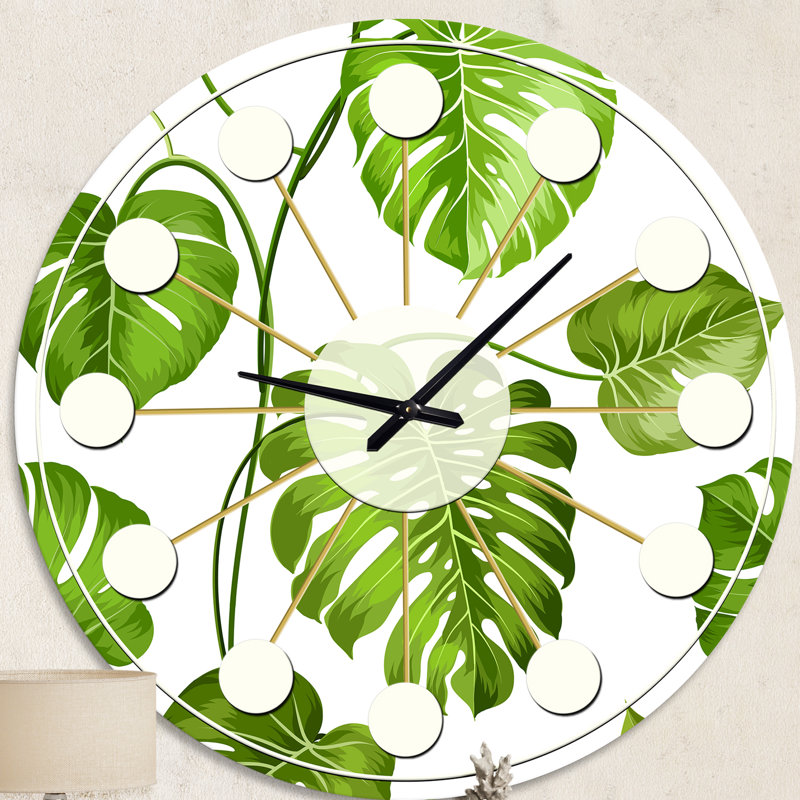 Tropical Palm Leaves II - horloge murale moderne Mid-Century, Moyenne