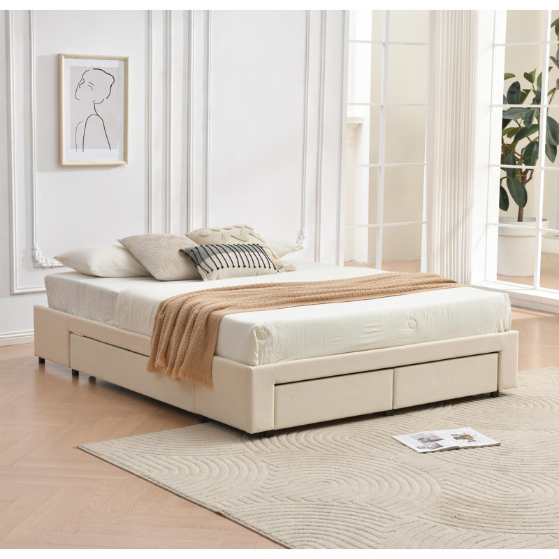 Lit plateforme avec rangement 4 tiroirs, Beige, Grand