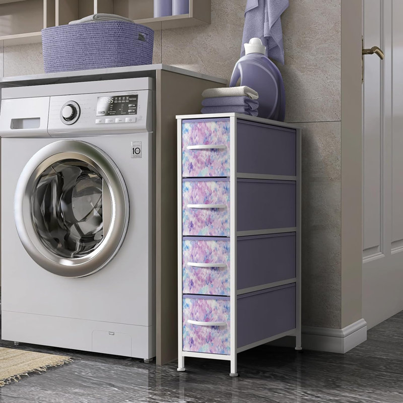  4 Drawers Narrow Dresser with Steel Frame, Wood Top & Fabric Bins in Tie Dye, Purple