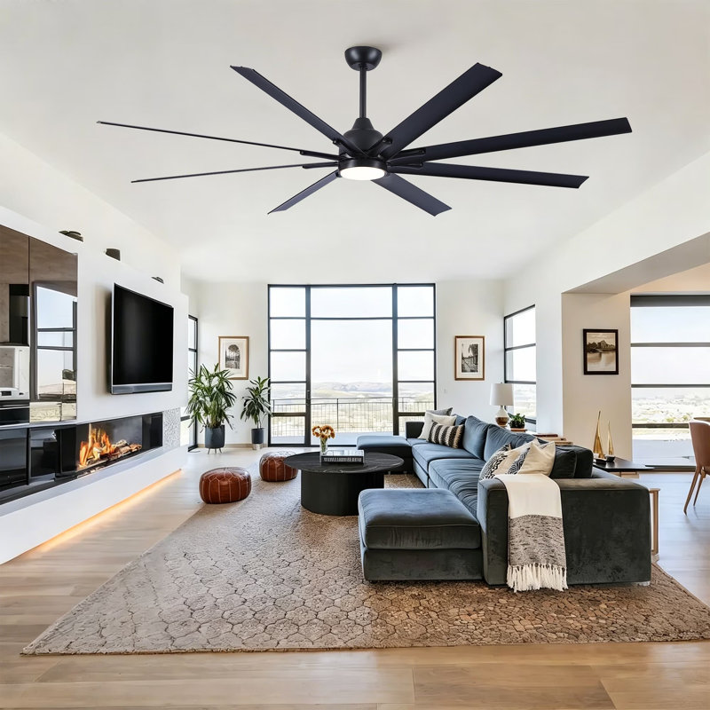84 Inch Industrial Farmhouse Ceiling Fan with Light, 8 Aluminum Blades Large Size DC Motor Ceiling Fan, Reversible Blades, 6 Wind Speeds, Dimmable 3 Color Temperatures, Remote Control, Adjustable Hanging Rod, Indoor Covered Outdoor Ceiling Fan for Living 
