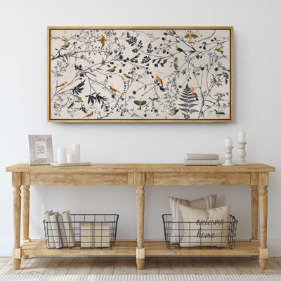 «Birds On Wildflower Plants Minimalist Modern Extra Large», reproduction d'art sur toile encadrée