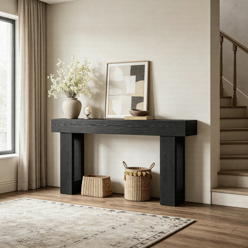 Console 63 po, table de canapé d'entrée en bois, table de couloir d'entrée, table d'appoint rustique, Noir