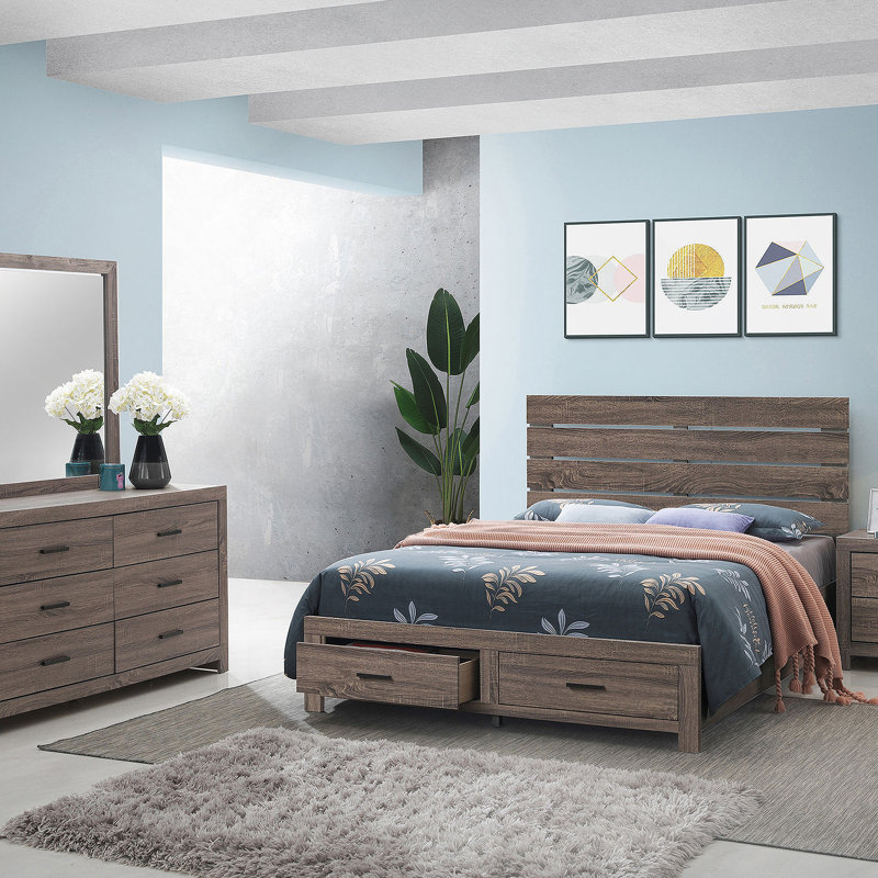 Ensemble de chambre avec grand lit 4 pièces Barrel Oak, Quatre pièces : lit, table de chevet, commode et