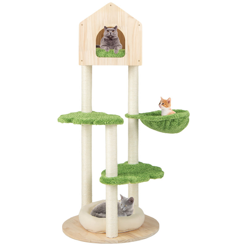 Green and Beige 55'' Tall Wooden Cat Tree with Sisal Posts