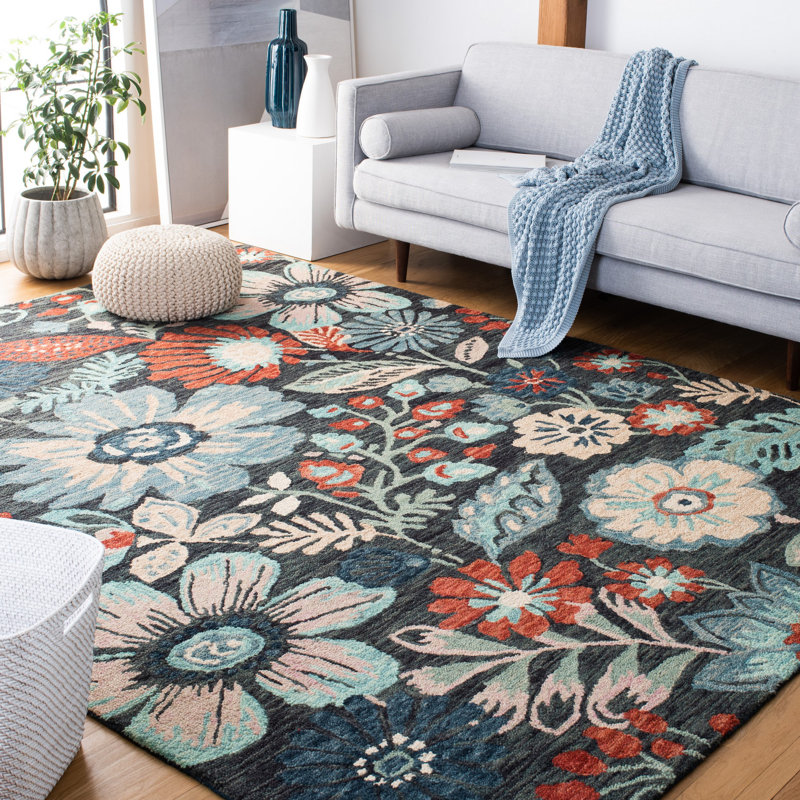 Lonie Hand Tufted Wool/Cotton Floral Rug in Blue/Charcoal, Rectangle 4' x 6'