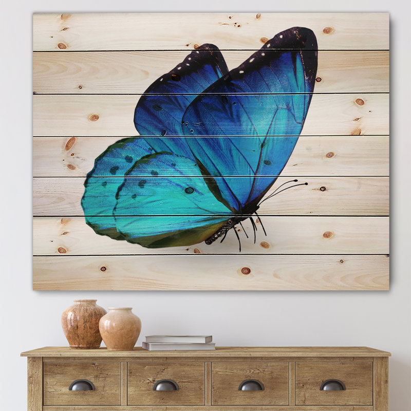Papillon bleu vibrant - impression moderne sur bois de pin naturel, H 30 po x l 40 po x P 0,78 po