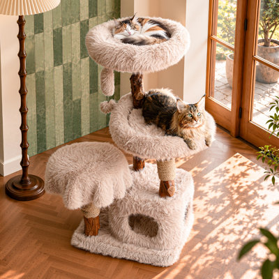 Artisan Solid Wood Cat Tree with Luxe Faux Fox Fur, Private Condo and Removable Cushions for Large Cats, 47.6" H