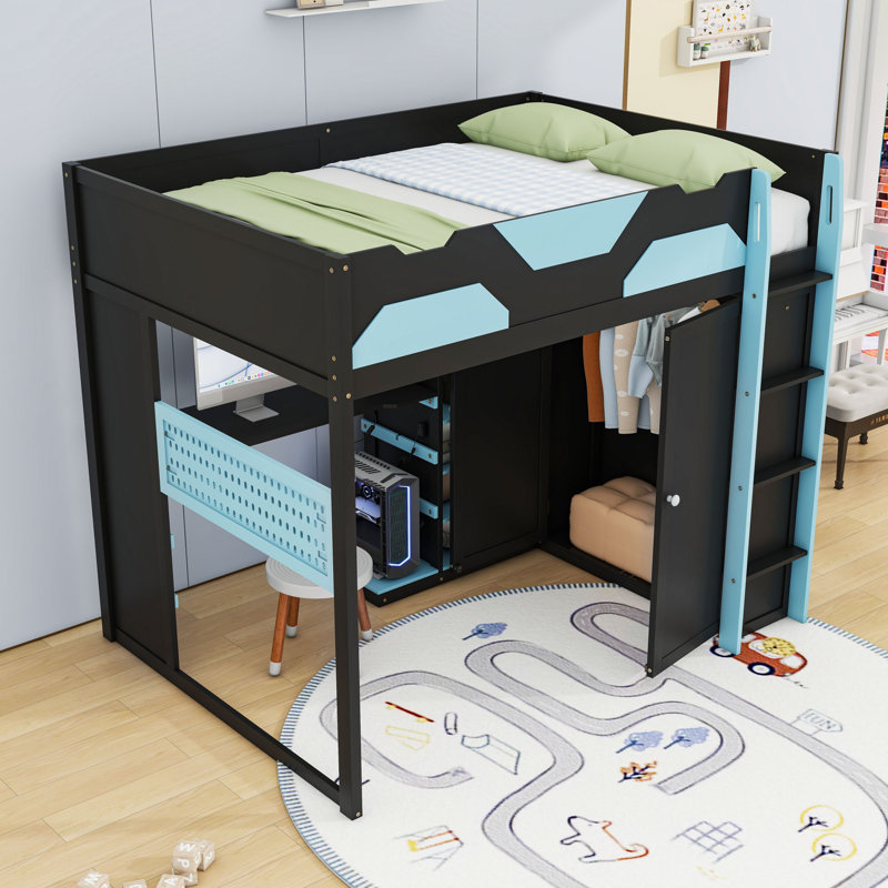 Full Loft Bed with RGB LED, USB Charging, and Adjustable Desk, Cloud Blue