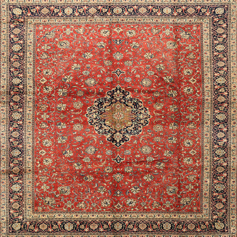 Tapis traditionnel rouge / bleu marine Franka, Carré 7 pi