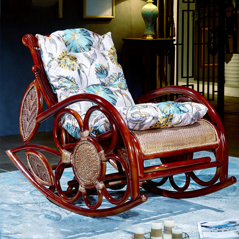 Chaise berçante élégante en rotin, Brun / blanc / bleu / brun rougeâtre