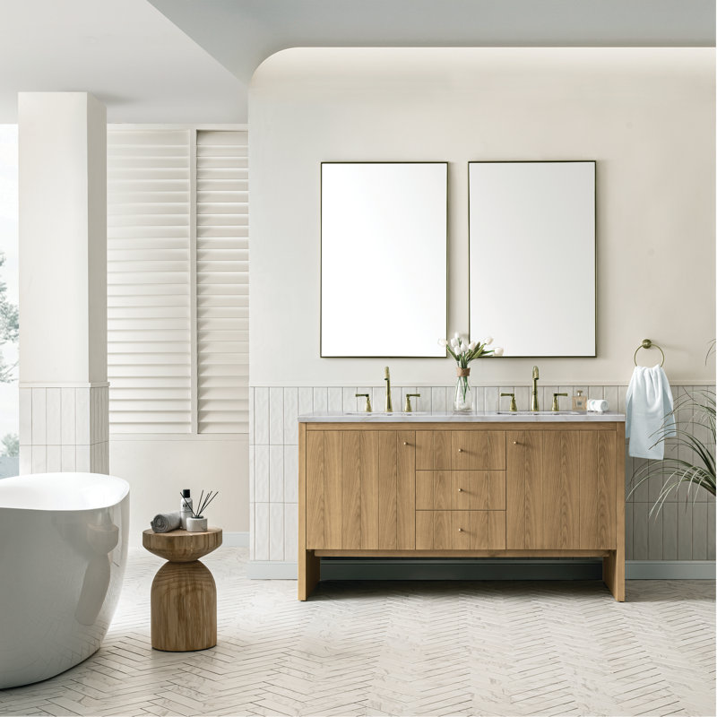 Hudson 60'' Double Bathroom Vanity with Top, Victorian Silver, 8" Widespread, Light Natural Oak