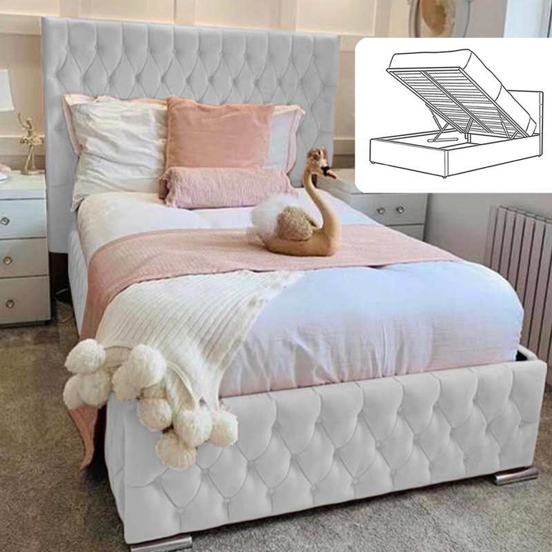 Delafuente Chesterfield Wingback Ottoman Storage Bed - Curved Velvet Upholstered Bed Frame, Ice, Single (3')