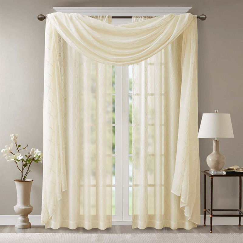 Diamond Sheer Embroidered Window Scarf, Ivory, 50" W x 216" L