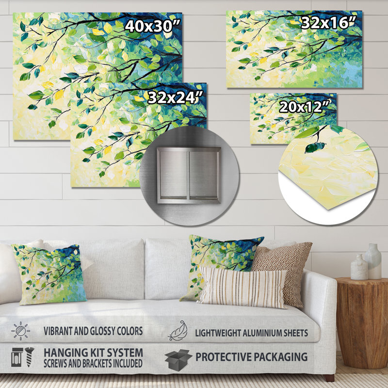 «Summer Green Branches In The Wind I - Leaves», art mural en métal, impression traditionnelle sur métal, H 12 po x l 20 po