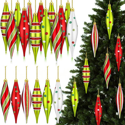 12 Pcs Red & Green Finial Drop Christmas Ornaments – 6.3” Plastic Droplet Decorations With Stripe & Dot Matte Glitter For Xmas Tree & Holiday Party Décor