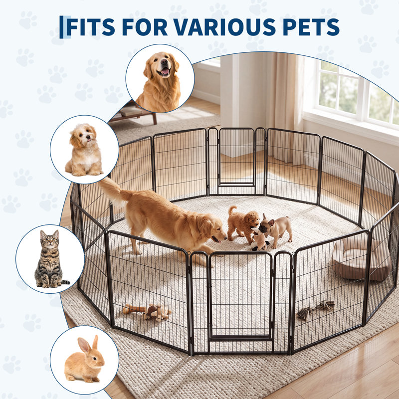 16-Panel Heavy-Duty Metal Dog Playpen with Door – Rust-Resistant Fold-up Pet Fence for Small Medium Dogs, Indoor Outdoor Yard RV Camping (27.7"H x 31.5"W)