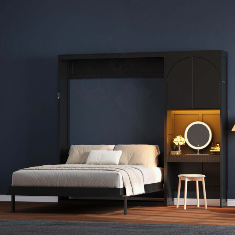 Lit escamotable avec armoire latérale réversible de gauche à droite, lumières DEL, tiroirs et armoires à tablettes de rangement multiples