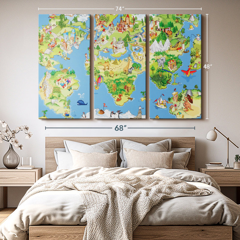 "Carte du monde à dessins animés" sur toile, H 48 po x l 74 po x P 1,25 po