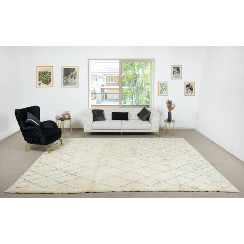 Tapis marocain. 100% laine. Ivoire et bleu. Options personnalisées disponibles