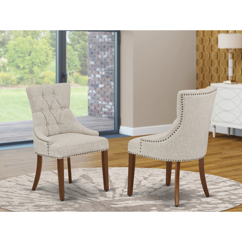 Friona Parson Dining Chairs - Button Tufted Nailhead Trim Doeskin Linen Fabric Upholstered Chairs, Set of 2, Mahogany