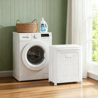 Rolling Laundry Hamper With Wheels And Lid, Foldable Plastic Laundry Basket With Handle, Divided Rolling Laundry Cart For Small Spaces, (White)