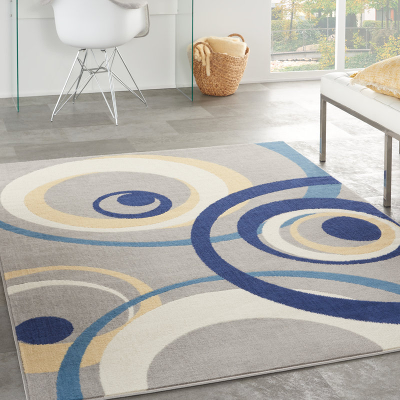 Tapis à motif géométrique gris / bleu Lindall, Rectangle 3 pi 9 po x 5 pi 9 po