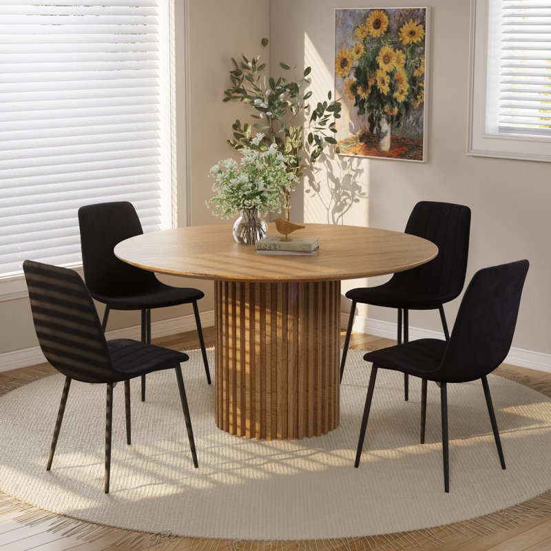 Round Pedestal Dining Table Set, 5, Black, Oak