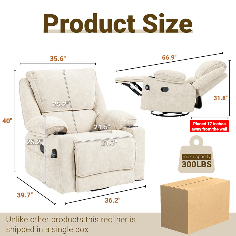 Fauteuil inclinable pivotant à bascule avec porte-gobelets en tissu de chenille chauffant à assemblage facile , Beige