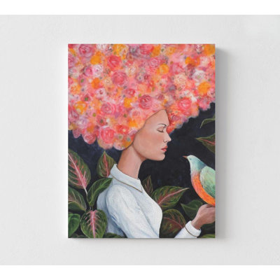 Art floral - Femme avec oiseau et fleurs