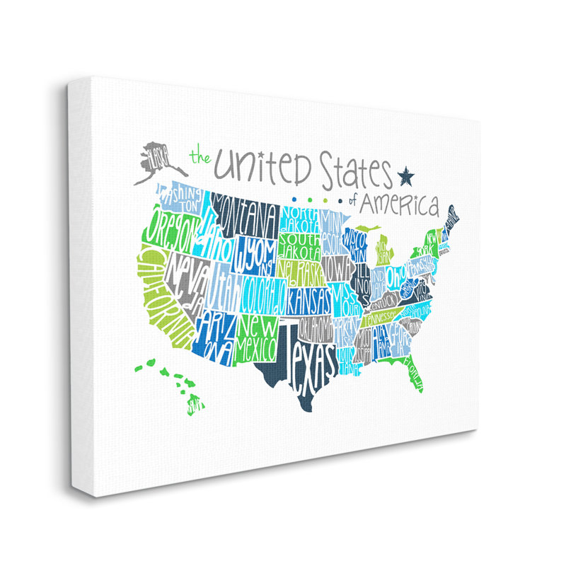 Carte des États-Unis, typographie colorée, Toile tendue, L 36 po x H 48 po
