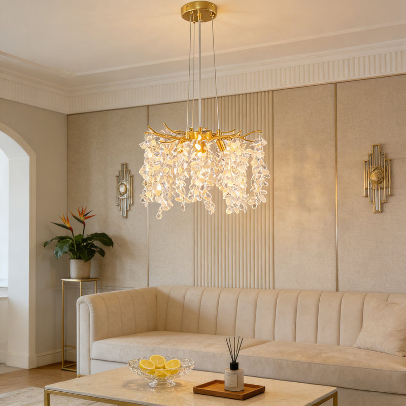15.74" Modern Golden Branch Grape Crystal Pendant, G9 Base, Excluding Light Bulb