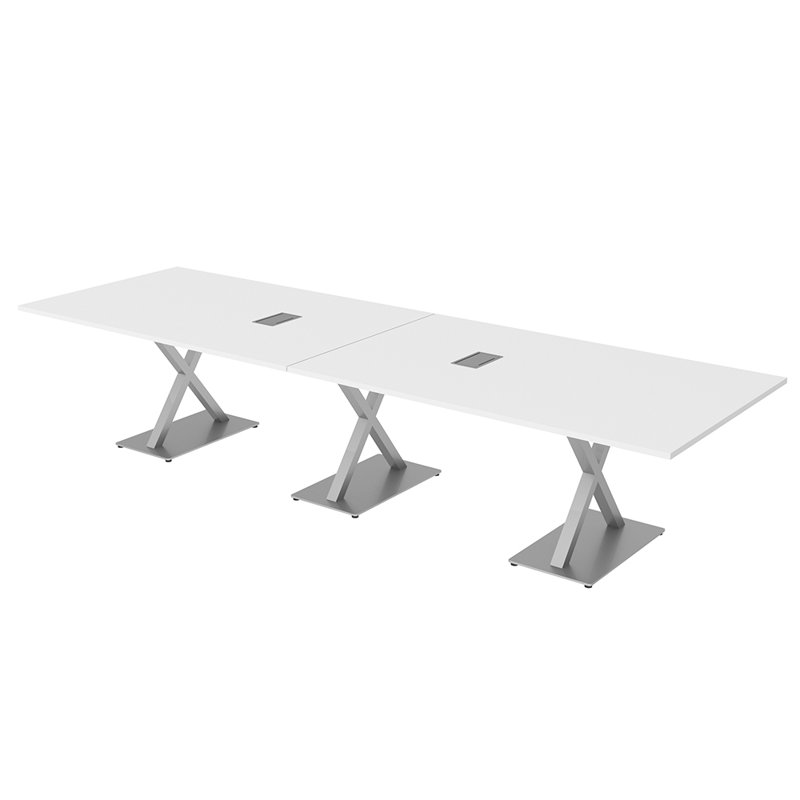Table de conférence rectangulaire avec base en X en métal | Unité électrique, L 144 po x l 48 po, Blanc, Argent argent