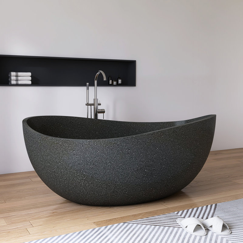65''x 39'' Freestanding Terrazzo Bathtub Solid Surface Outdoor Ready Freestanding Tub, Black
