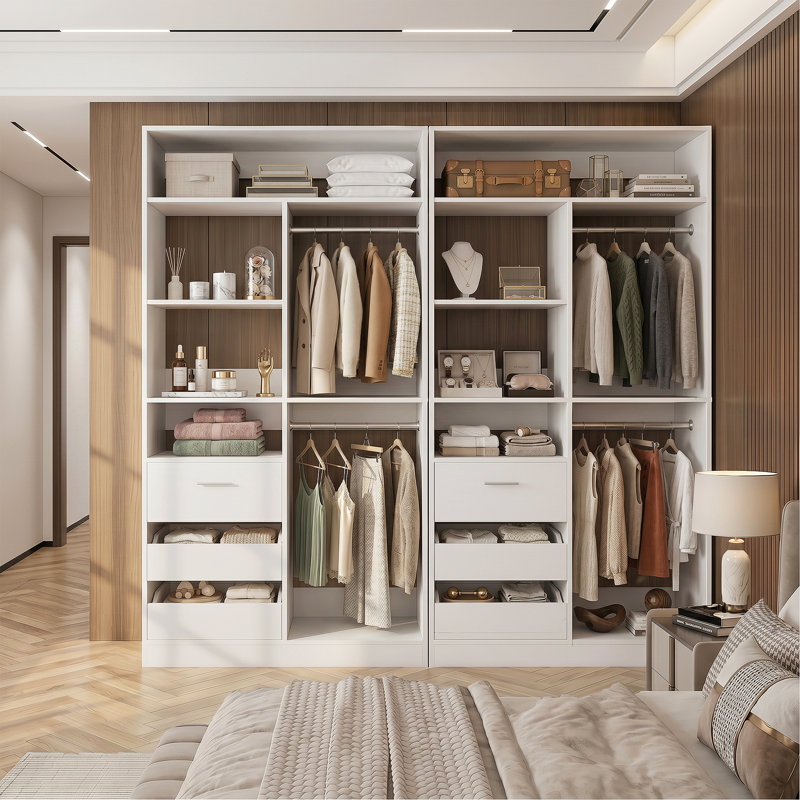 6-Drawer Shoe Cabinet With 72" Wide Hutch & Dual Hanging Rods - Closet Organizer, White