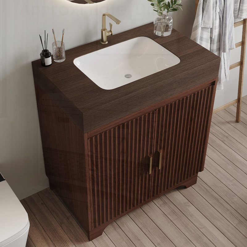Meuble-lavabo autoportant en pierre frittée avec lavabo en céramique, Brun, noyer, Walnut